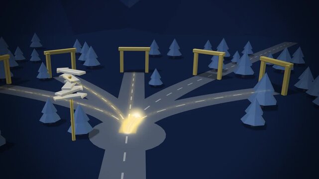 Golden light path chosen at a crossroads on navy blue background