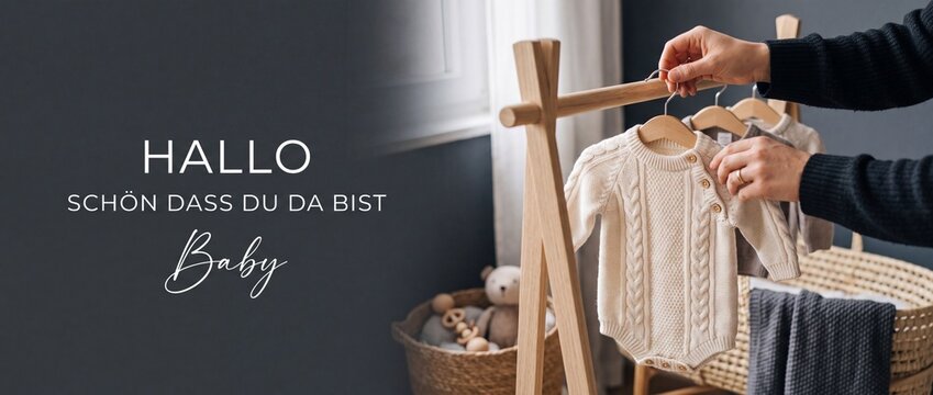 Baby clothing hanger nursery banner with German welcome text Hallo sch&ouml;n dass du da bist Baby for newborn announcement, cozy neutral baby clothes on wooden rack copy space header background