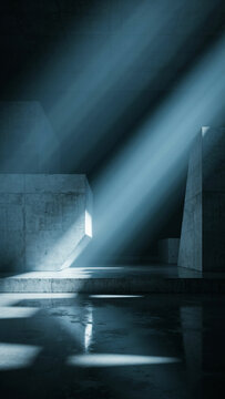 Light shafts piercing through shadows in a dark minimalist concrete chamber with concrete industrial interior architecture reflection geometric structure perspective atmospheric sunlight