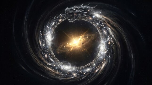 Cosmic dragon ouroboros, ancient greek gnostic mythological symbol of cyclic eternity, stellar serpent forming circular loop around glowing solar system with nascent planets.