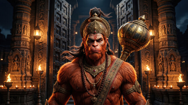 Lord Hanuman as a monumental temple guardian at night with oil lamps, carved stone pillars and a golden gada
