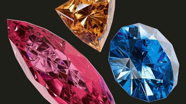 Close up of large pink and blue diamonds on black. Luxury gemstones with dramatic lighting. 3D render illustration.