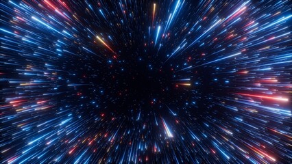 Fototapeta premium Bright neon light streaks stream toward a dark cosmic center in deep space. Dynamic abstract background for warp speed, technology, and futuristic visuals.
