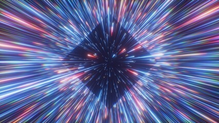 Fototapeta premium Brilliant neon rays stream around a dark geometric center in deep space. Futuristic abstract background for energy, motion, and high tech visual concepts.