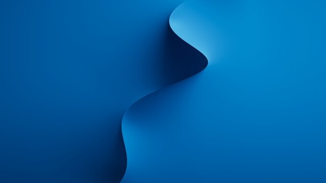 A blue wavy shape curves against a solid blue background, creating a minimalist design with smooth textures and shadows. 3d render illustration.