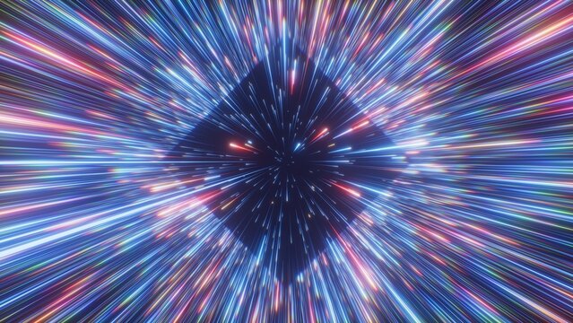 Brilliant neon rays stream around a dark geometric center in deep space. Futuristic abstract background for energy, motion, and high tech visual concepts.