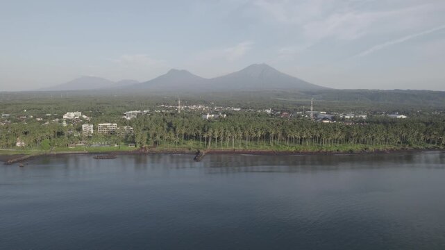 Aerial View of Tropical Coastline with Lush Palm Trees and Volcanic Mountains in Banyuwangi, East java