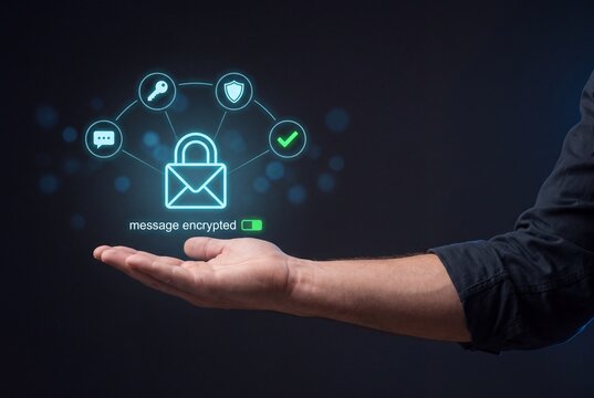 secure communication concept, hand presenting encrypted message hologram, confidential data protection technology, private messaging security system, corporate information safety background