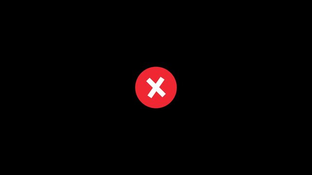 Red Error Cross Mark Animation with White X Inside Circular Badge and Radial Burst Lines on Black Background for Cancel Rejection Failure Alert Notification and Digital Motion Graphics