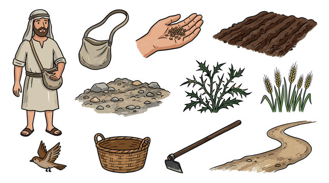 Biblical parable sower elements illustration depicting various components of the ancient agricultural story, including a farmer, seeds, soil, and crops.