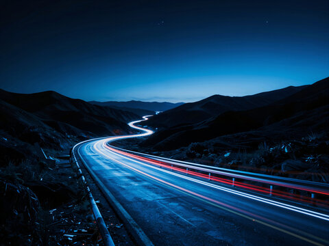 Car light trails on a winding road at night in the mountains