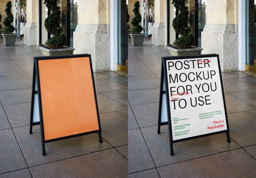 Mockup Of Customizable A-Frame Sandwich Board Sign On Sidewalk