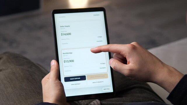 Buyer compares supplier quotes on a tablet, highlighting digital procurement, vendor evaluation, cost control and data-driven purchasing in a modern supply chain.