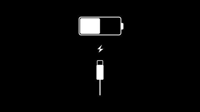 Cable Smartphone Battery Charging Animated Motion Graphic, Minimalist mobile battery charging animation with USB cable and lightning bolt icon on black background.