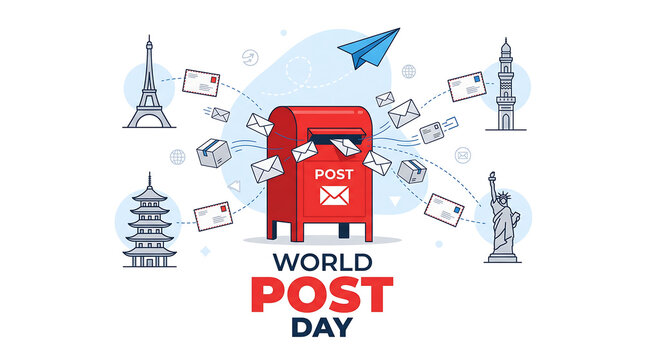 World Post Day vector illustration with mailbox connecting global landmarks isolated on transparent background