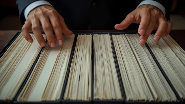 Archival Card Catalog Hand Sorting Paper Vinyl Records in Dark Archive Setting