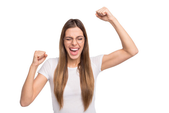 Pretty lady support favorite team with wild yelling wear specs and casual t-shirt isolated white background