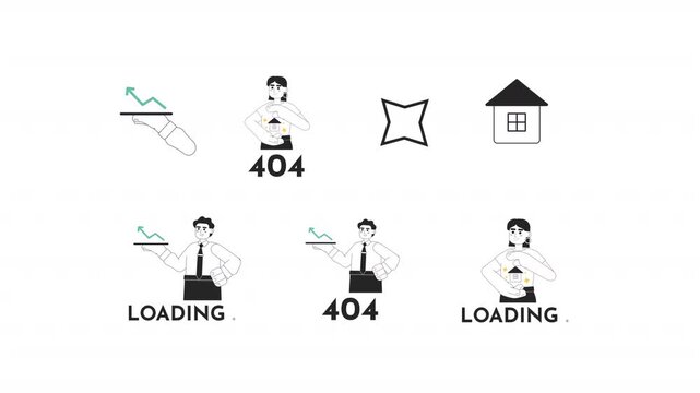 Finance and property loading error black and white line animation pack. Increasing chart. Real estate 404. Growing trend. House ownership animated outline 4K video set on transparent background