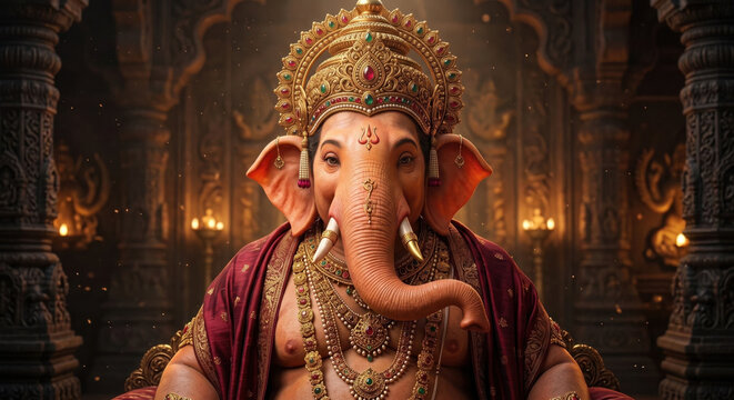 Royal golden Lord Ganesha wearing an elaborate jeweled mukut in a grand ancient chamber for Ganesh Chaturthi