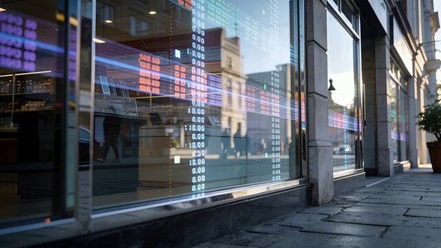 Displaying storefront glass showing scrolling ticker on city sidewalk, with camera moving right