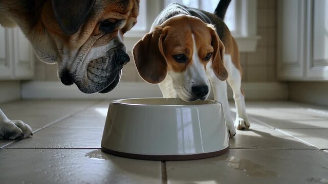 Spotting white bowl, wrinkled bulldog and beagle approaching kitchen tiles for water