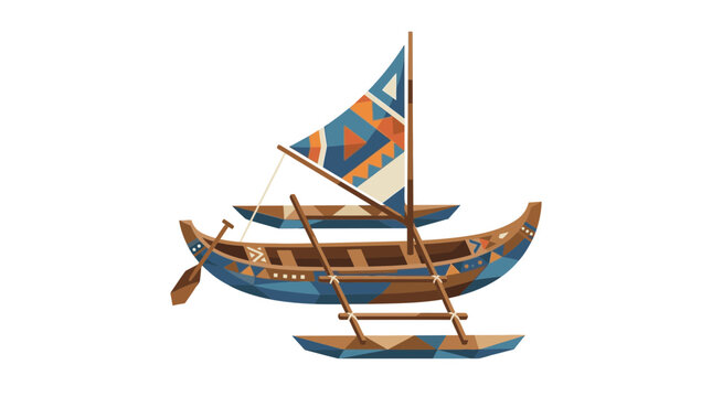 Traditional Outrigger Canoe Boat with Colorful Patterned Sail