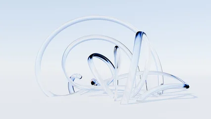 Transparent looping tubes form interlocking arches in a glasslike 3D sculpture with blue refractive edges and soft floor shadows for abstract contemporary design © angel_nt