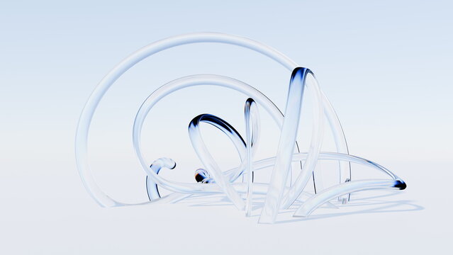 Transparent looping tubes form interlocking arches in a glasslike 3D sculpture with blue refractive edges and soft floor shadows for abstract contemporary design
