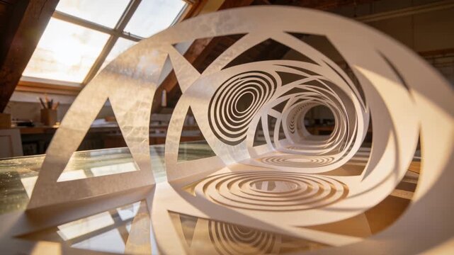 Pushing camera, triggered by sun flare, revealing paper-cut tunnel sculpture at attic studio table
