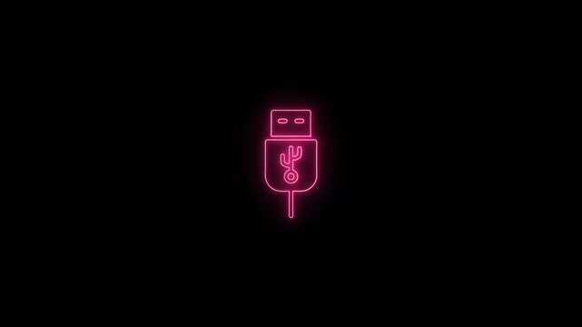 Glowing pink neon USB cable icon pulsing on a dark black background