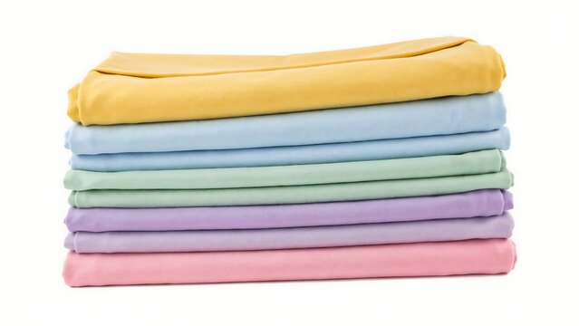 A neat stack of folded colorful cotton fabrics in yellow, blue, green, purple, and pink on a white background