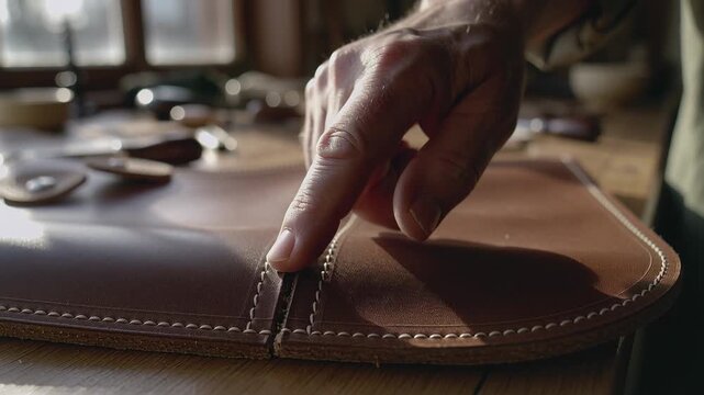 Hovering fingertip lowering, maker tracing stitched leather at bench, cuffed sleeve feeling stitch
