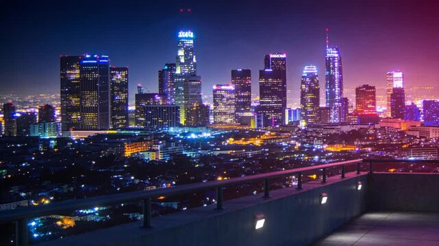 Pulling back, camera revealing parapet, metal rail on rooftop, revealing skyline with wall lights