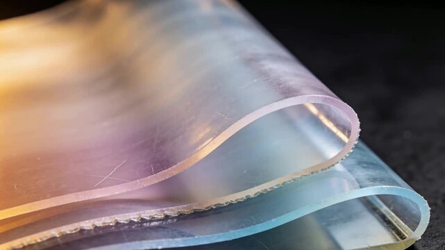 Shifting light causing plastic sheets settling on dark mat, showing serrated edge and color shifts
