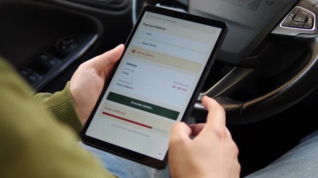 Person places a grocery delivery order on a tablet inside a car, selecting payment and confirming same-day delivery, highlighting mobile commerce and on-demand shopping.