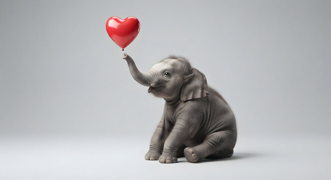 Conceptual Studio Shot of Baby Elephant and Heart Balloon
