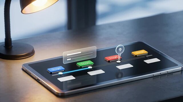 Showing clear info card, tablet UI moving pin from green to blue at desk showing selection