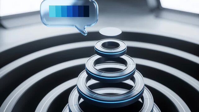 Rising metal torus rings with hovering disc separating on playback on studio stage
