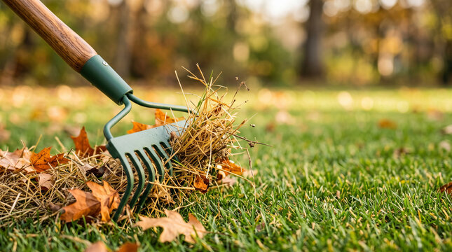Rake removing thatch and fallen leaves from green lawn, autumn lawn dethatching and yard cleanup