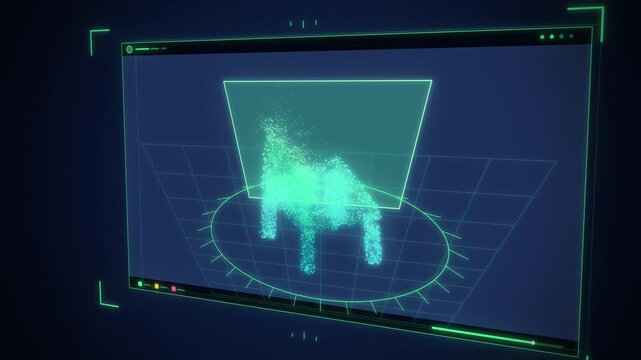 AI 3D point cloud of a chair with bounding box on navy blue