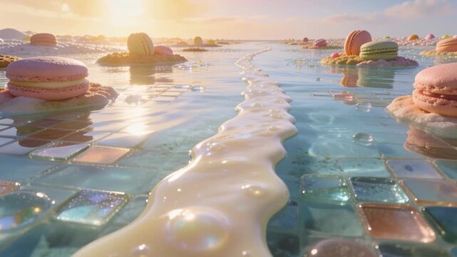 Clip starting, panning camera ahead showing creamy ribbon with bubbles over glossy tiles, macarons