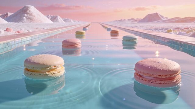 Moving camera framing three pastel macarons, creating ripples on pool in candy scene, showing depth