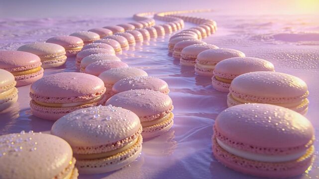 Moving camera forward past pink macaron rows on gloss studio, revealing sugar crystals toward light