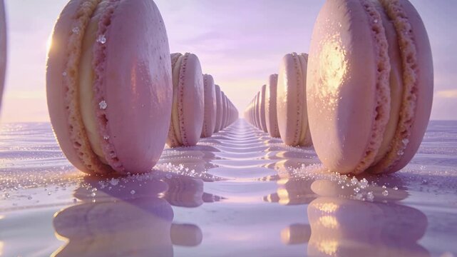Dolly moving forward revealing parallel pink macarons on glossy surface, showing depth and texture