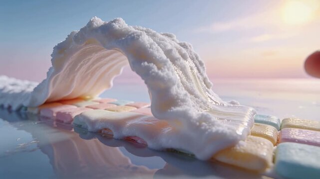 Surging foam wave crest collapsing arching and spilling over pastel candies on mirror plane