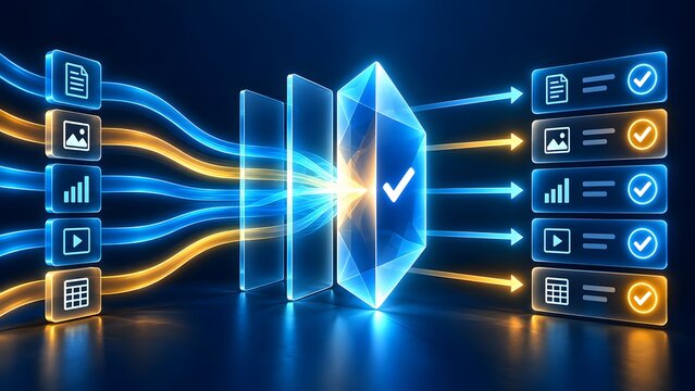 Holographic digital documents passing through central security filter emerging as validated files on dark background