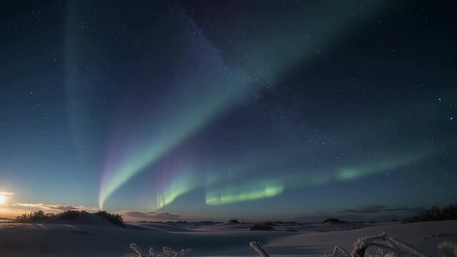 Reacting to solar wind aurora ribbon broadening and sweeping across snow at night with frost sticks