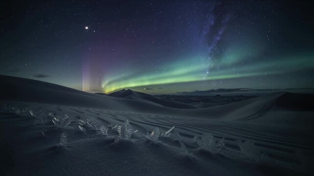 Shifting auroral band and pillars brightening over snow dunes at night, triggered by solar wind