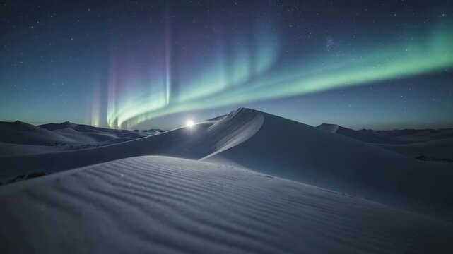 Camera revealing snow dune sharpening focus as horizon glow rising in polar night, with aurora