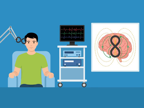 Transcranial Magnetic Stimulation (TMS) Therapy Concept for Brain Treatment and Mental Health Illustration